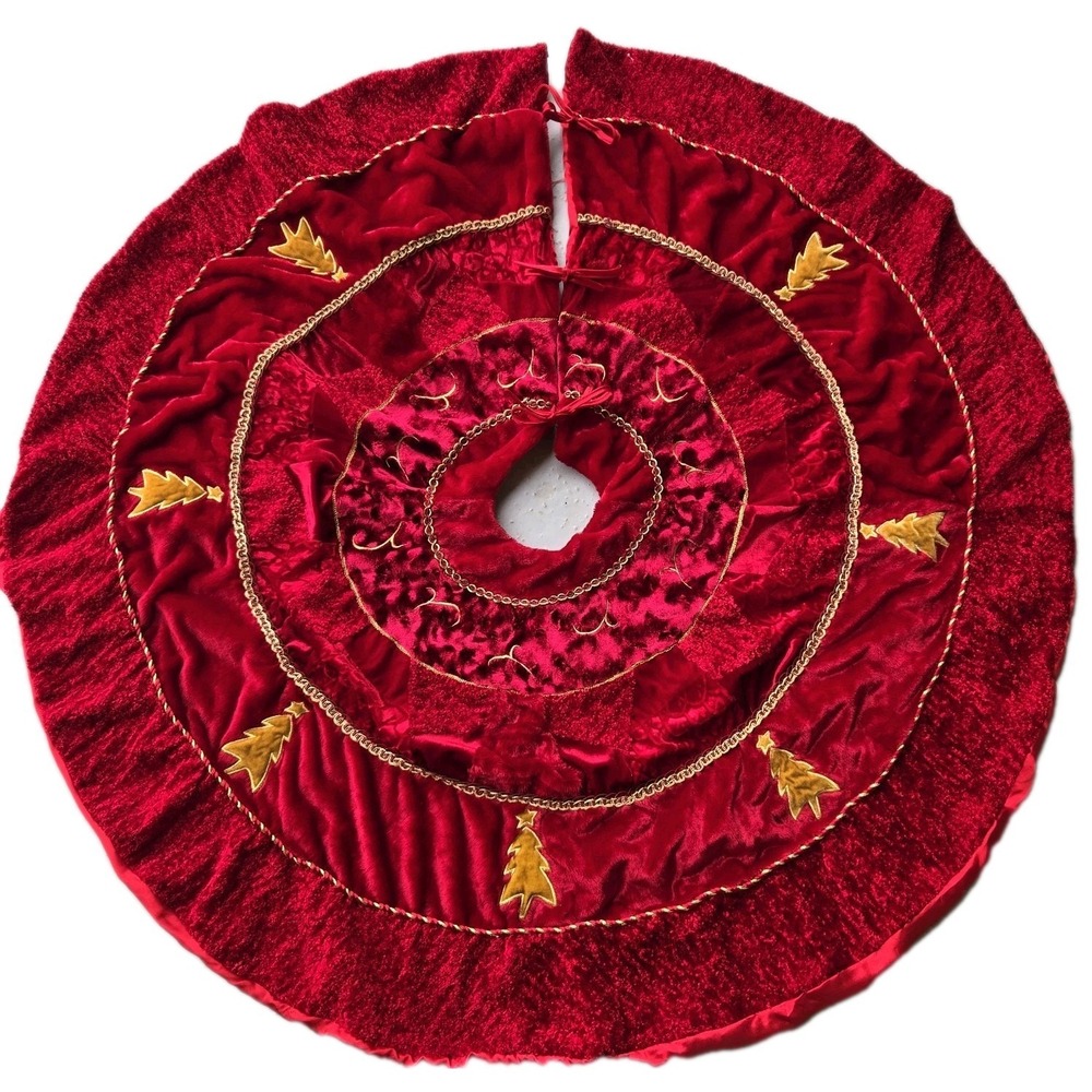 Dan Dee Red Velvet Christmas Tree Skirt Gold‎ Velvet Tree Design Satin Back Ties
